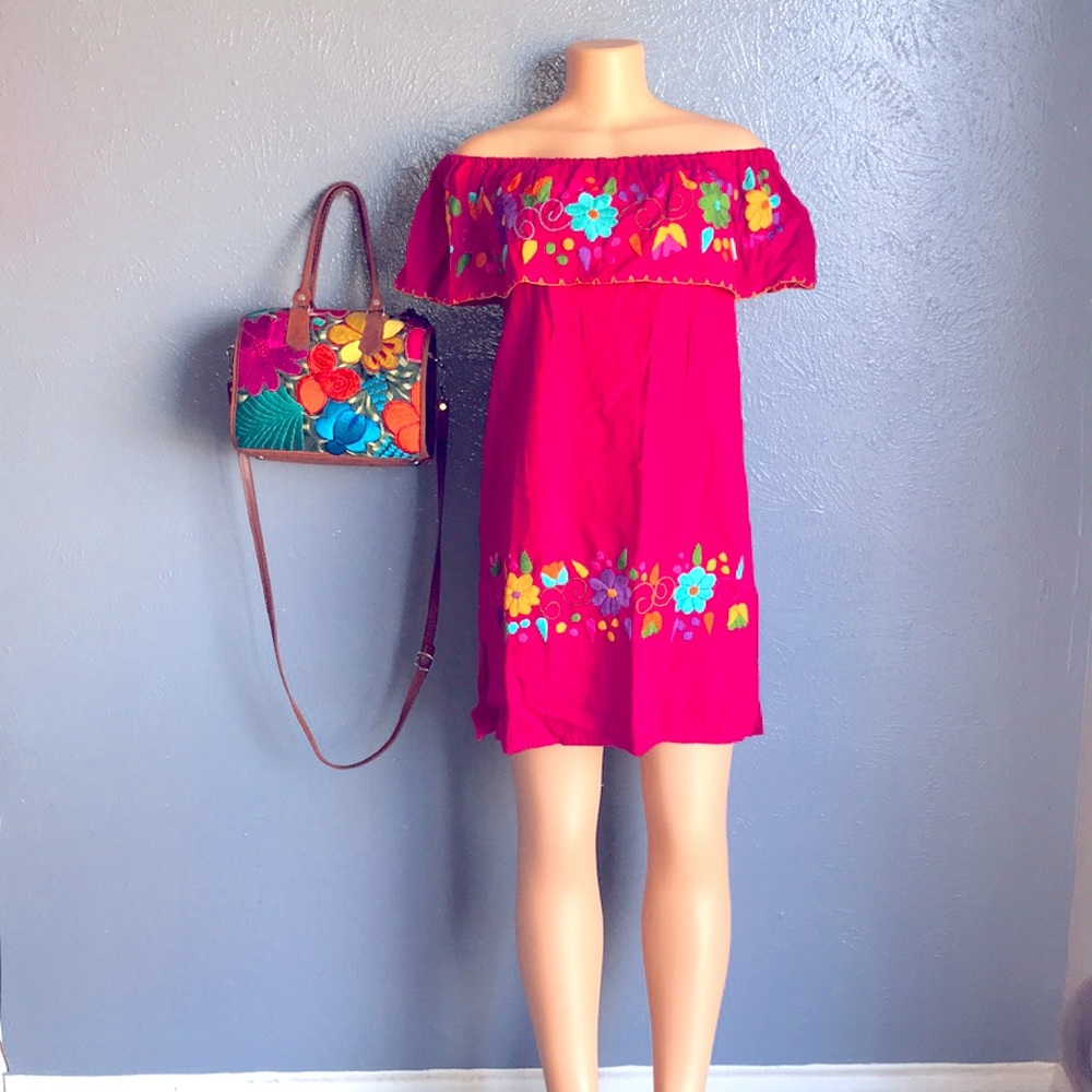Artisan Floral Embroidered Hot Pink Mini Dress